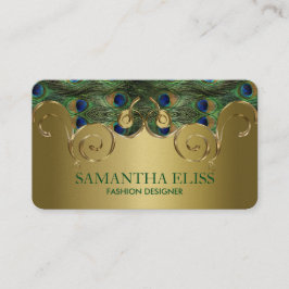 Tarjeta De Visita Elegante Moograma de Diseño Dorado de Pavo Real