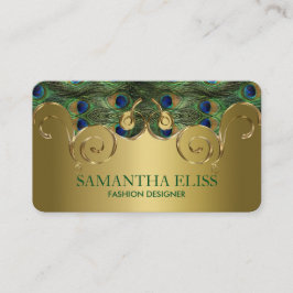 Tarjeta De Visita Elegante Moograma de Diseño Dorado de Pavo Real