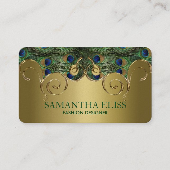 Tarjeta De Visita Elegante Moograma de Diseño Dorado de Pavo Real (Anverso)