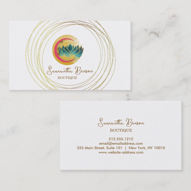 Tarjeta De Visita Elegante Moon Gold Circles Lotus (Anverso / Reverso)