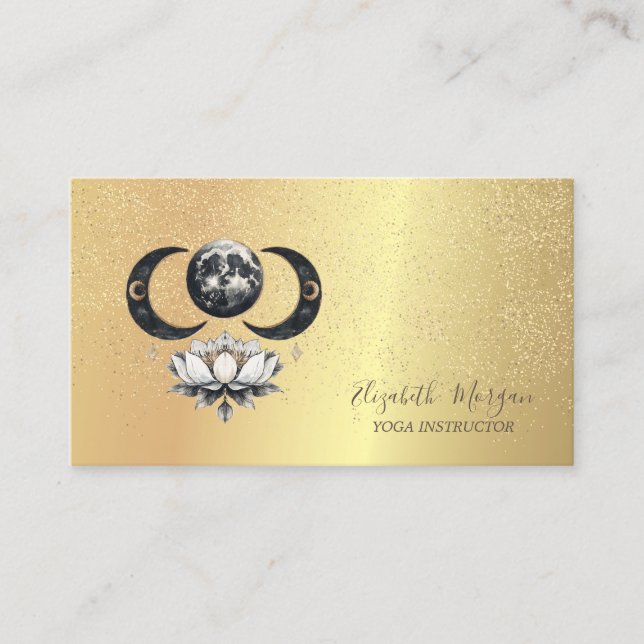 Tarjeta De Visita Elegante Moon Lotus Gold Confetti Yoga (Anverso)