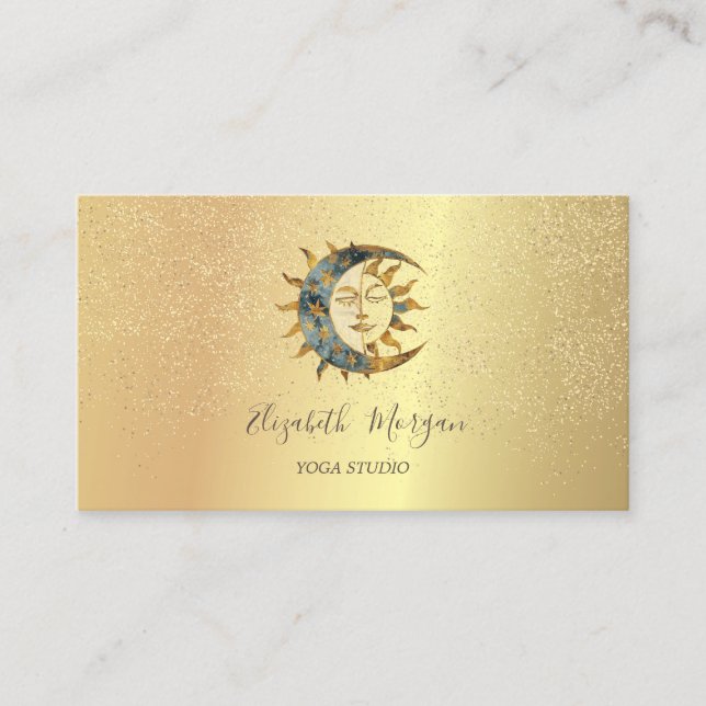 Tarjeta De Visita Elegante Moon Sun Gold Confetti Yoga Studio (Anverso)