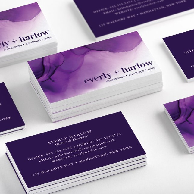 Tarjeta De Visita Elegante morado abstracto de tinta de alcohol (Stacked Elegant Purple Abstract Alcohol Ink Art Business Cards-Front & Back)