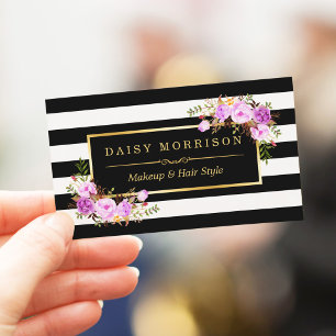 Tarjeta De Visita Elegante morado floral dorado rayas blancas negras