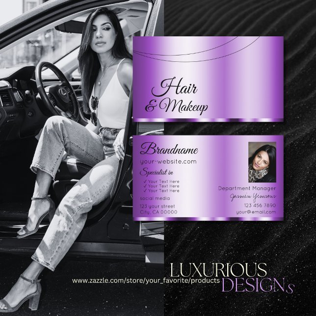 Tarjeta De Visita Elegante morado glamoroso con foto profesional (Subido por el creador)