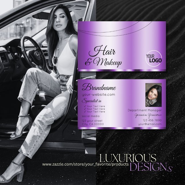 Tarjeta De Visita Elegante morado glamoroso con logo y Moda de fotos (Subido por el creador)