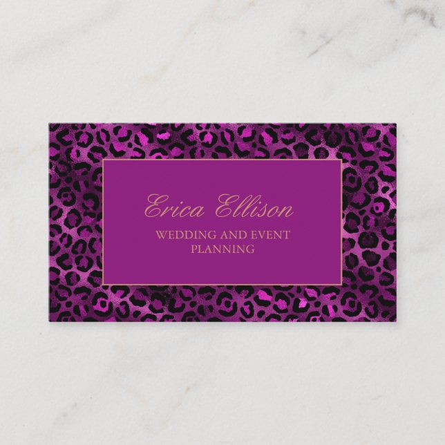 Tarjeta De Visita Elegante morado negro leopardo planificador de bod (Anverso)