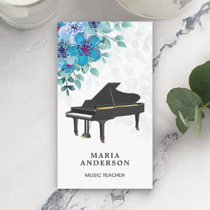 Tarjeta De Visita Elegante música de piano floral azul Pianista músi