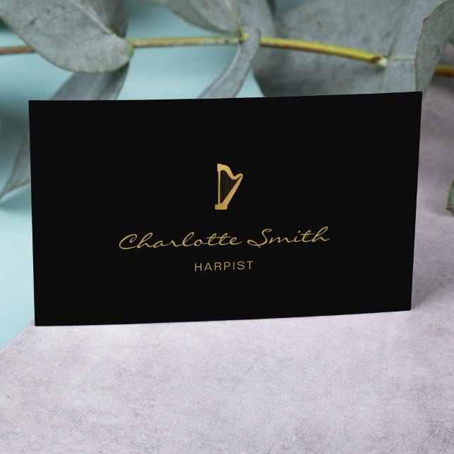 Tarjeta De Visita Elegante músico profesional Harp Gold y Black (Subido por el creador)