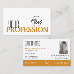 Tarjeta De Visita Elegante Naranja blanco simple con logotipo y foto