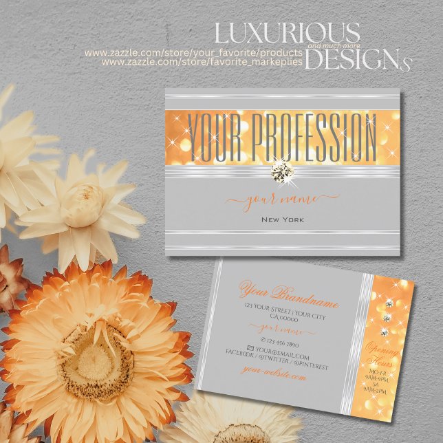 Tarjeta De Visita Elegante Naranja gris Purpurina diamantes de borde (Subido por el creador)