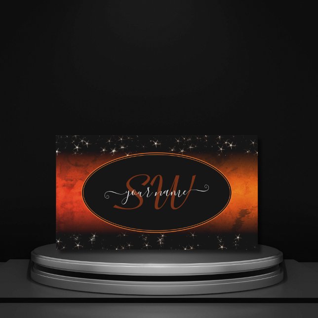 Tarjeta De Visita Elegante Naranja Mármol Negro Purpurinas Estrellas (Subido por el creador)