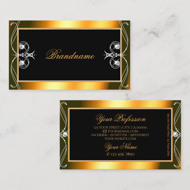 Tarjeta De Visita Elegante Naranja negro con adornos de diamantes es (Anverso / Reverso)