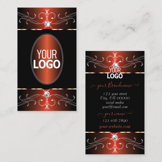 Tarjeta De Visita Elegante Naranja negro Ornamentos Ornados con logo (Anverso / Reverso)