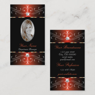 Tarjeta De Visita Elegante Naranja negro Ornate Ornaments con foto