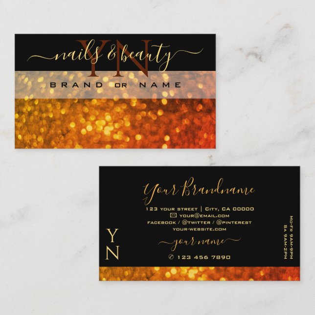 Tarjeta De Visita Elegante Naranja negro Purpurina de espuma de oro  (Anverso / Reverso)