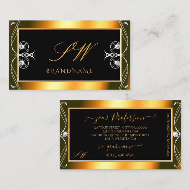 Tarjeta De Visita Elegante Naranja negro rayando diamantes iniciales (Anverso / Reverso)