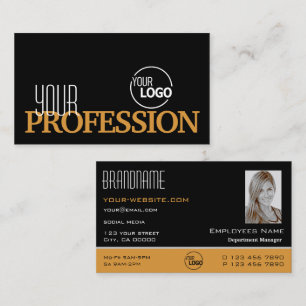 Tarjeta De Visita Elegante Naranja negro simple con logotipo y foto