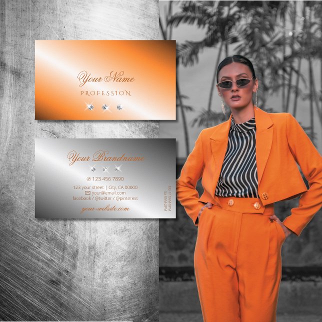 Tarjeta De Visita Elegante Naranja plateado de diamantes espumosos (Subido por el creador)