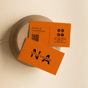 Tarjeta De Visita Elegante Naranja quemado Código QR Monograma Boho