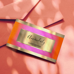 Tarjeta De Visita Elegante Naranja rosado con marco dorado profesion