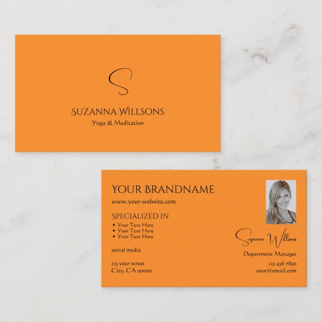 Tarjeta De Visita Elegante Naranja sencillo con monograma y Moda fot (Anverso / Reverso)