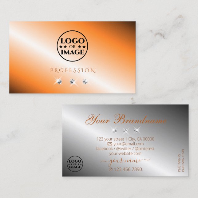 Tarjeta De Visita Elegante Naranja Silver Sparkling Diamantes con lo (Anverso / Reverso)