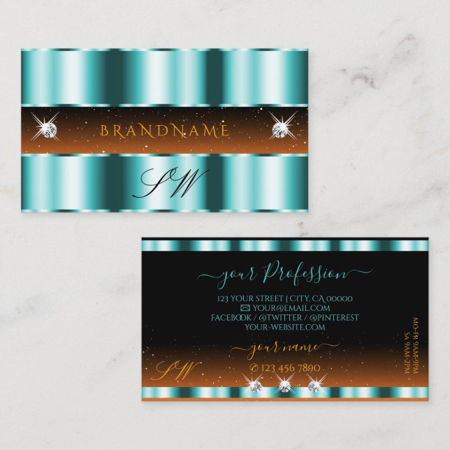 Tarjeta De Visita Elegante Naranja Verde azulado Black Sparkle Jewel (Anverso / Reverso)