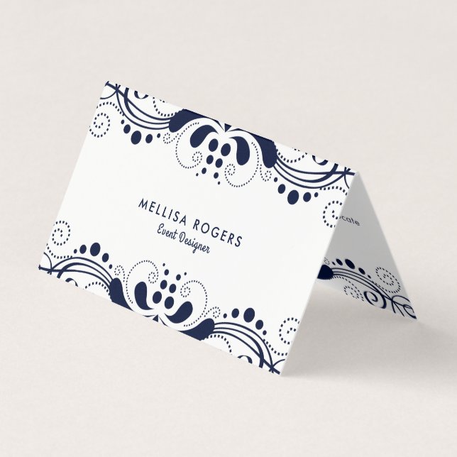 Tarjeta De Visita Elegante Navy-blue Floral Swirls Lace (Anverso)