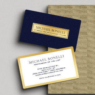 Tarjeta De Visita Elegante Navy Blue Leather Gold Label