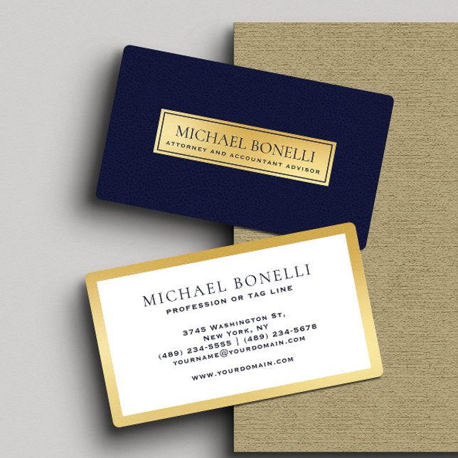 Tarjeta De Visita Elegante Navy Blue Leather Gold Label (Subido por el creador)