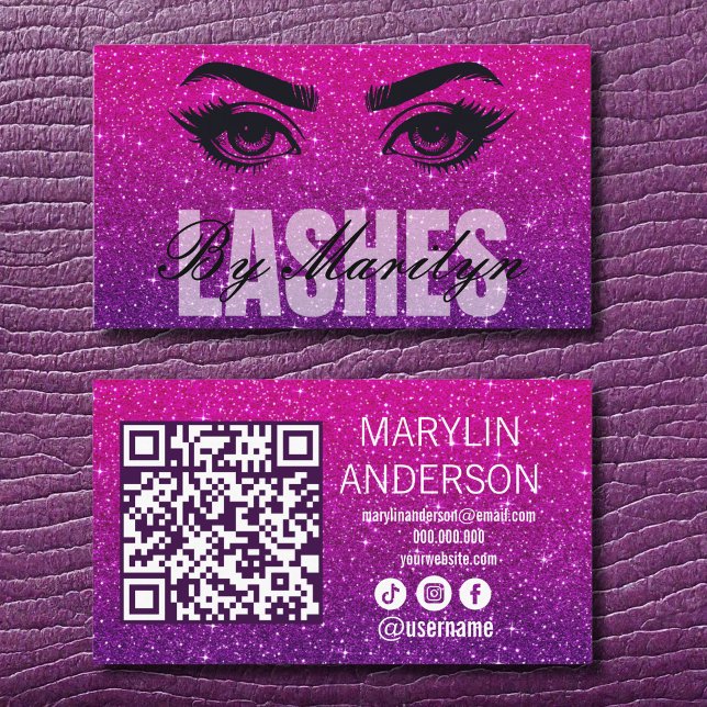 Tarjeta De Visita Elegante negrita Purpurina Ombre Lash Tech QR Code (Subido por el creador)