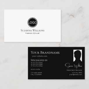 Tarjeta De Visita Elegante negro blanco y sin logo con Moda fotográf