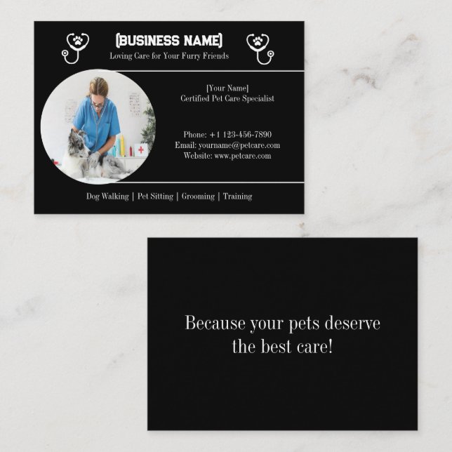 Tarjeta De Visita Elegante negro con foto Personalizable cuidado de  (Anverso / Reverso)