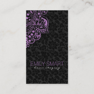 Tarjeta De Visita Elegante negro Damask Purple Vintage Lace