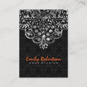 Tarjeta De Visita Elegante negro Damask Silver Metallage Lace
