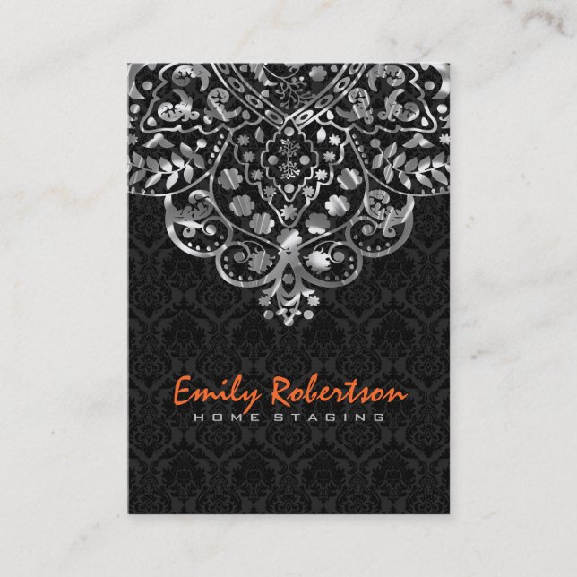 Tarjeta De Visita Elegante negro Damask Silver Metallage Lace (Anverso)