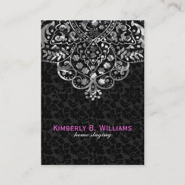 Tarjeta De Visita Elegante negro Damask Silver Metallage Lace (Anverso)