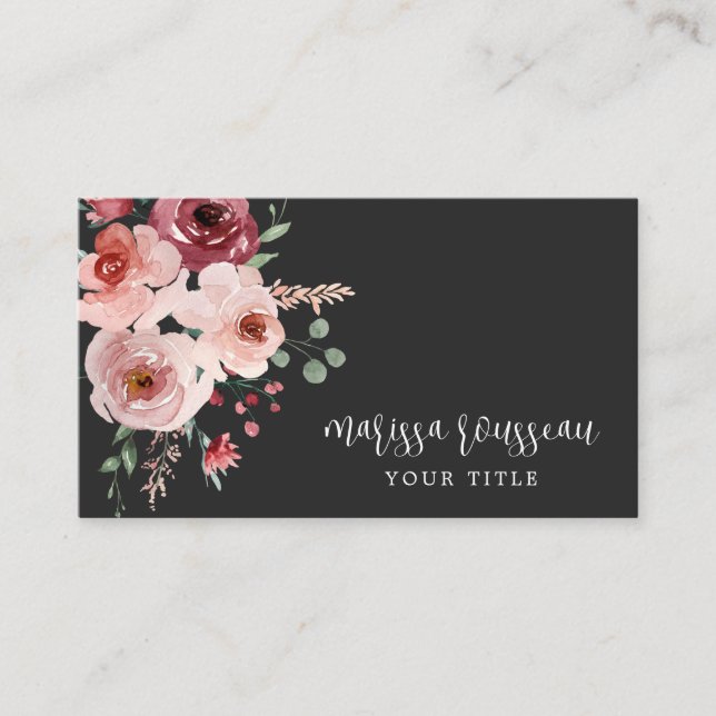 Tarjeta De Visita Elegante negro floral rosado (Anverso)