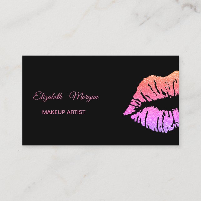 Tarjeta De Visita Elegante negro moderno, labios Purpurinas (Anverso)