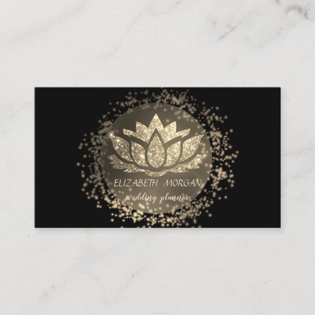 Tarjeta De Visita Elegante negro, Purpurina de confeti dorado Lotus (Anverso)