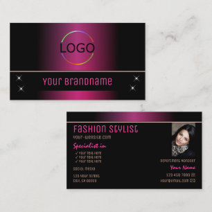 Tarjeta De Visita Elegante negro rosado moderno con logotipo y foto