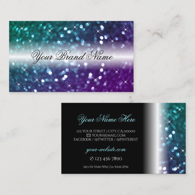 Tarjeta De Visita Elegante negro Verde azulado morado Purpurina mode (Anverso / Reverso)