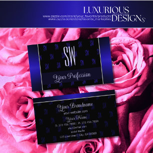 Tarjeta De Visita Elegante negro y azul con Monograma Profesional