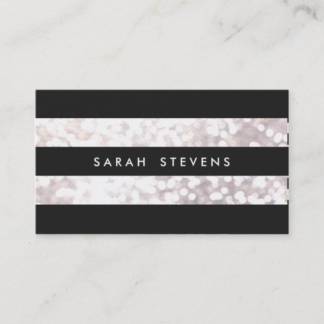 Tarjeta De Visita Elegante negro y blanco bokeh Striped Moderno (Anverso)