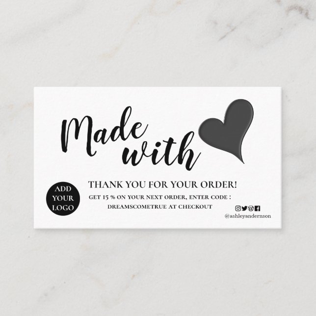 Tarjeta De Visita Elegante negro y blanco gracias hecho con amor (Anverso)