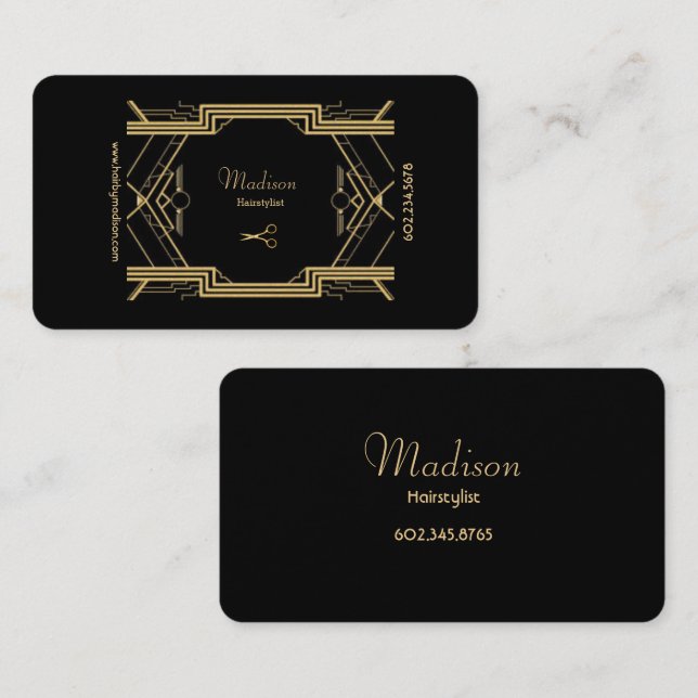 Tarjeta De Visita Elegante negro y dorado Gatsby Hair Stylist (Anverso / Reverso)