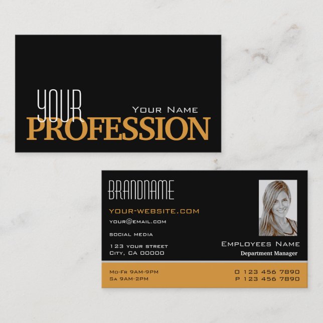 Tarjeta De Visita Elegante negro y Naranja con profesional fotográfi (Anverso / Reverso)