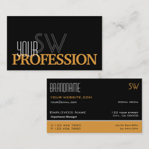 Tarjeta De Visita Elegante negro y Naranja simple con monograma