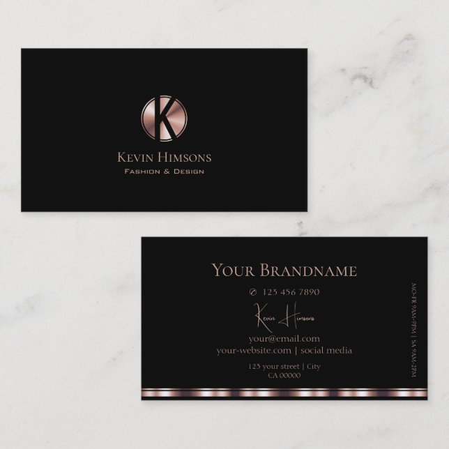 Tarjeta De Visita Elegante negro y oro Rosa con monograma (Anverso / Reverso)
